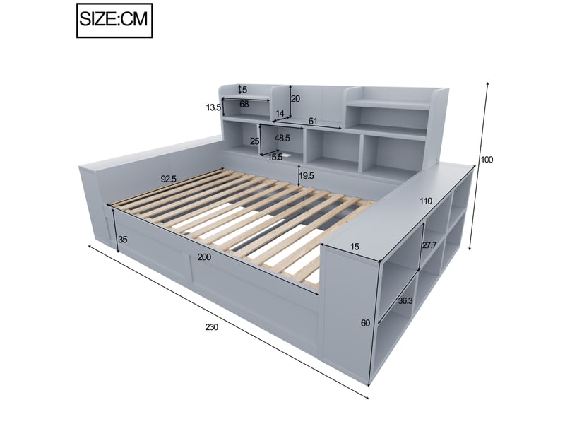  Canapé-lit modenvie 90 x 200 cm avec coffre hydraulique, rangements, led et prises, gris  - Conforama C
