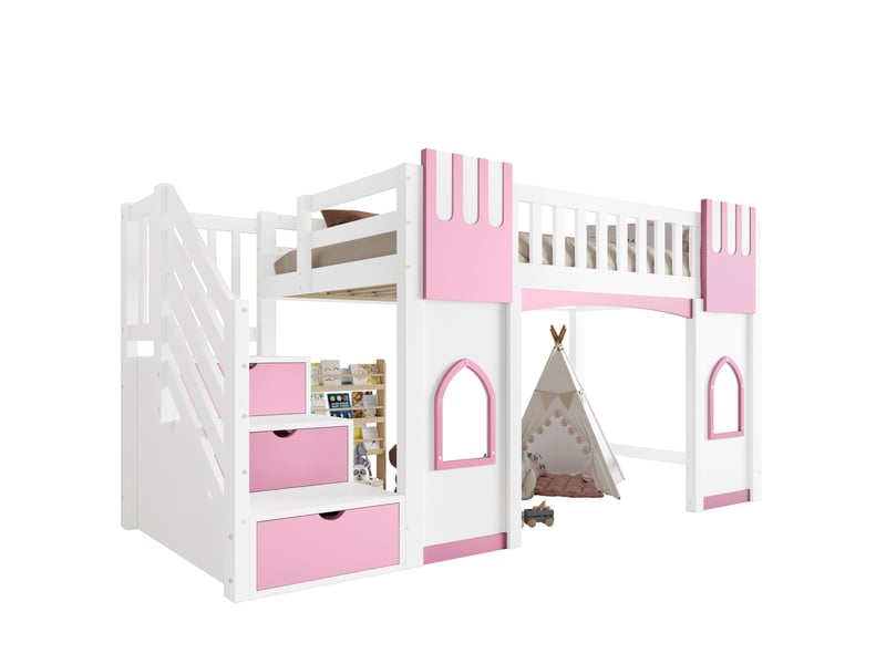  Lit mezzanine enfant 90x200 cm, escalier de rangement et fenêtres, lit simple, sommier, mdf, blanc et rose sans matelas  - Conforama A