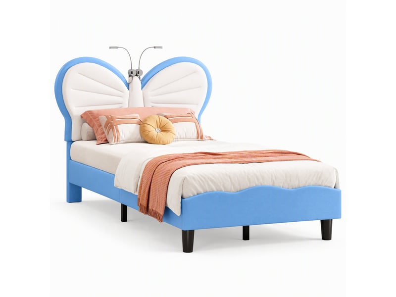  Lit enfant fille 90x190 cm – tête de lit papillon avec lampe de lecture intégrée – hauteur réglable 87,5-92,5 cm – velours – structure renforcée jusqu'à 350 lbs – sommier à lattes inclus  - Conforama A