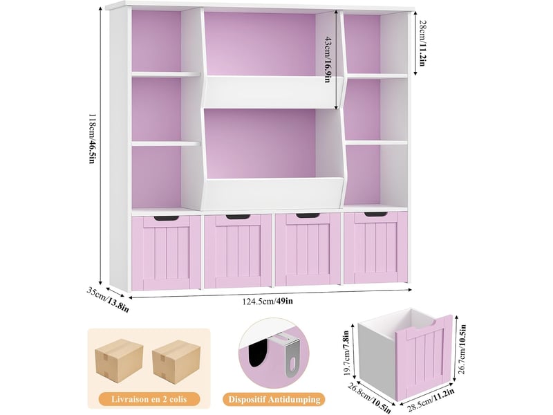 Meuble rangement enfant bibliothèque enfant, tiroir roulant rose - Conforama C