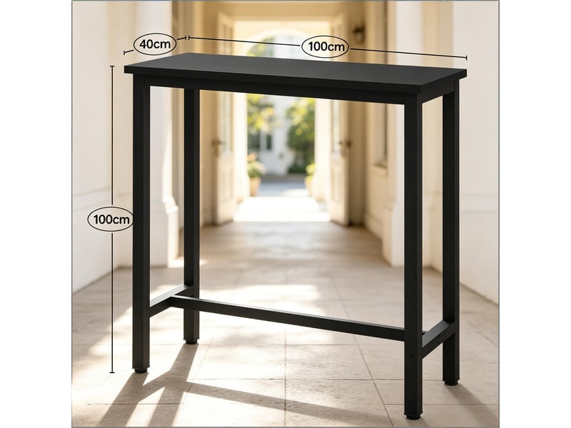 Console haute avec repose-pieds et pieds réglables, style industriel, en métal et bois, noire, 100×40×100 cm - Conforama D