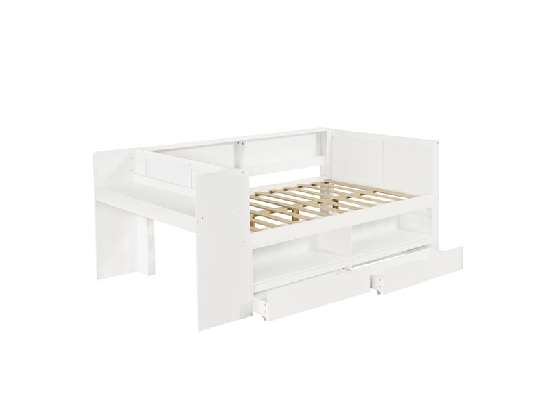  Lit simple 120x200 cm avec bureau, rangements et 2 tiroirs, bois blanc, sans matelas  - Conforama E