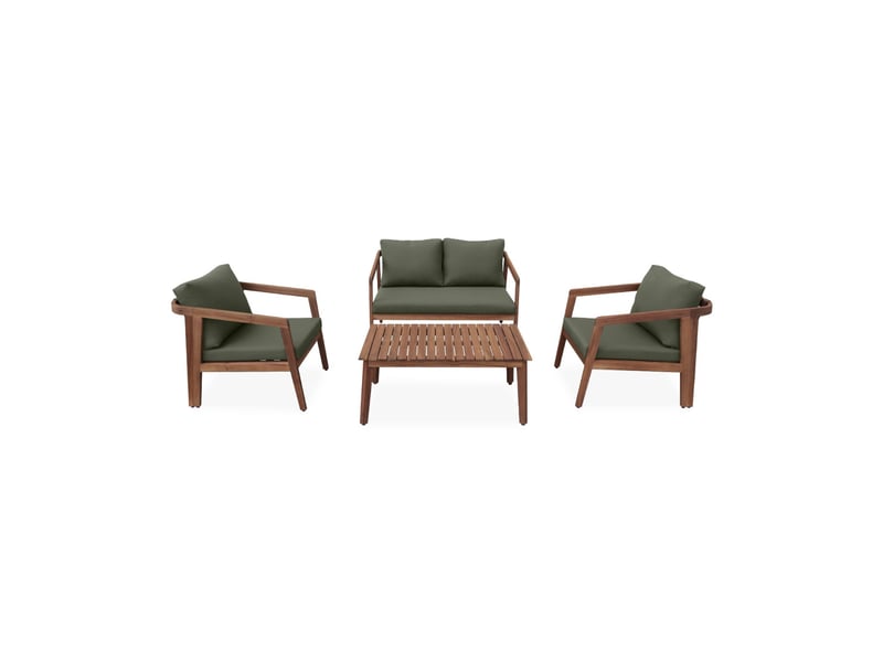 Salon de jardin kaki foncé 4 places loberia. Bois d'acacia dossier avec lanières effet cuir - Conforama D