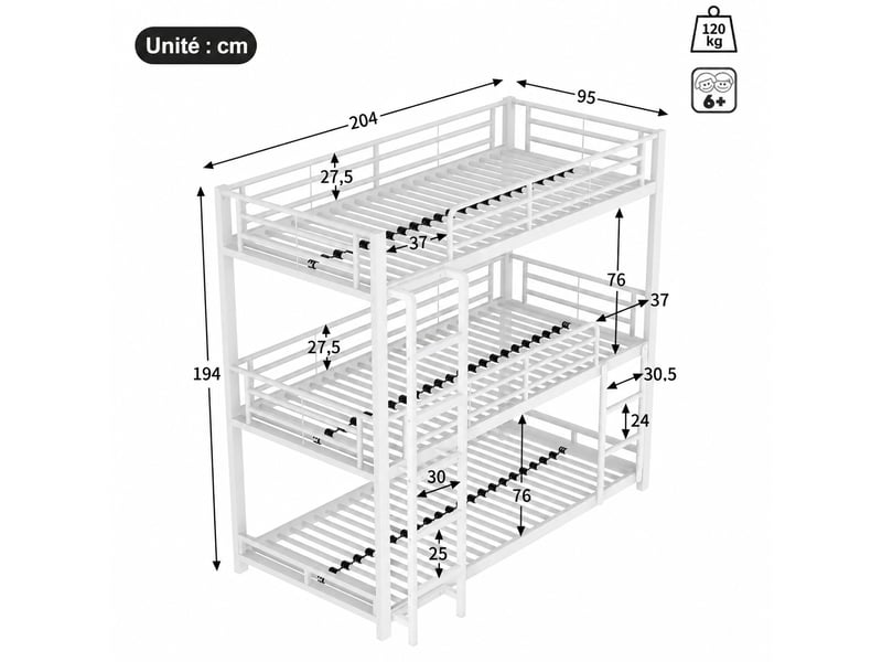 Lit superposé triple 90 x 200 cm en métal blanc, avec garde-corps et échelle fixe pour chambre partagée - Conforama C