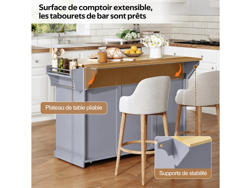  Îlot de cuisine mobile avec plan de travail rabattable, rangements et roulettes verrouillables, gris et bois clair  - Conforama B