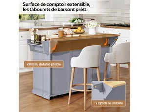 Îlot de cuisine mobile avec plan de travail rabattable, rangements et roulettes verrouillables, gris et bois clair