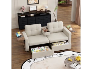 Canapé 2 places en chenille avec rangement intégré, table d’appoint réglable et porte-gobelets - beige