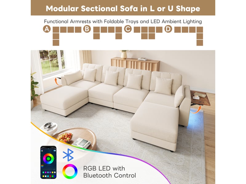 Canapé d'angle panoramique fixe 6 places tissu led beige - Conforama E