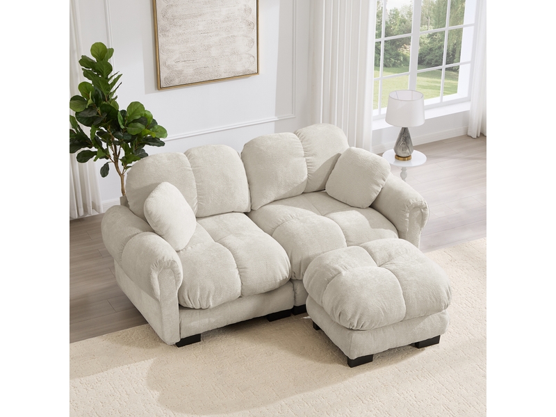  Canapé d'angle 2 places 190 cm canapé modulable en chenille avec 1 pouf mobile, design matelassé, coussins épais, dossier ergonomique, kaki clair Bliss Lite - Conforama B