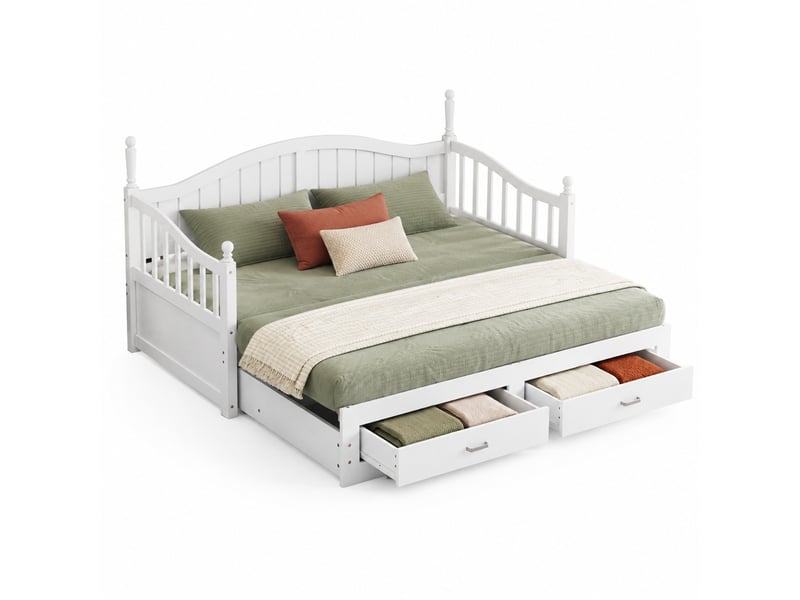 Lit gigogne enfant 90x190 cm (ouvert 180x190 cm), tiroirs, accoudoirs design colonnes et dossier courbé, bois, en mdf, coloris blanc - Conforama A