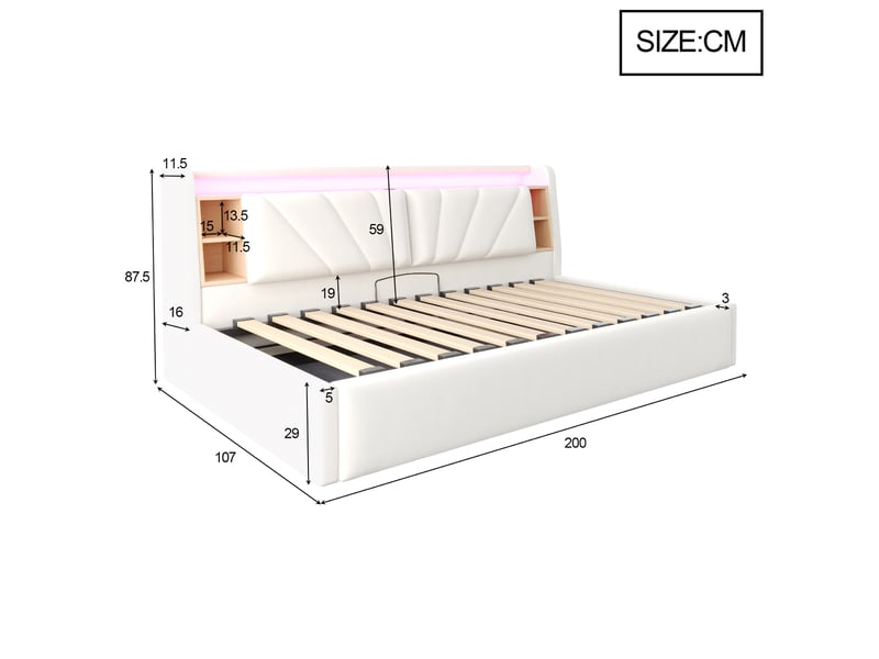  Lit banquette 90 × 200 cm, coffre hydraulique, led, usb, dossier avec étagères et rangements, velours beige doux  - Conforama C