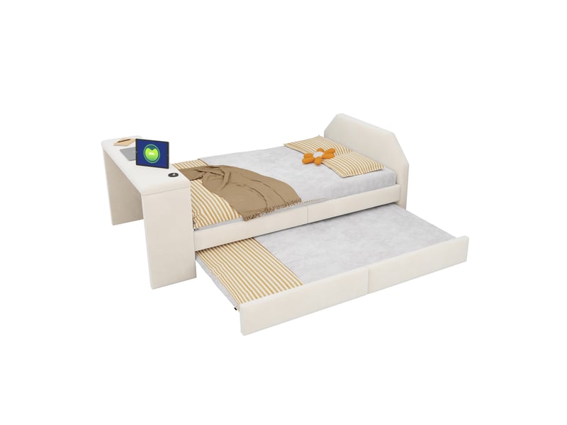  Lit gigogne enfant modenvie 90 x 200 cm avec bureau intégré et port usb en velours beige  - Conforama A