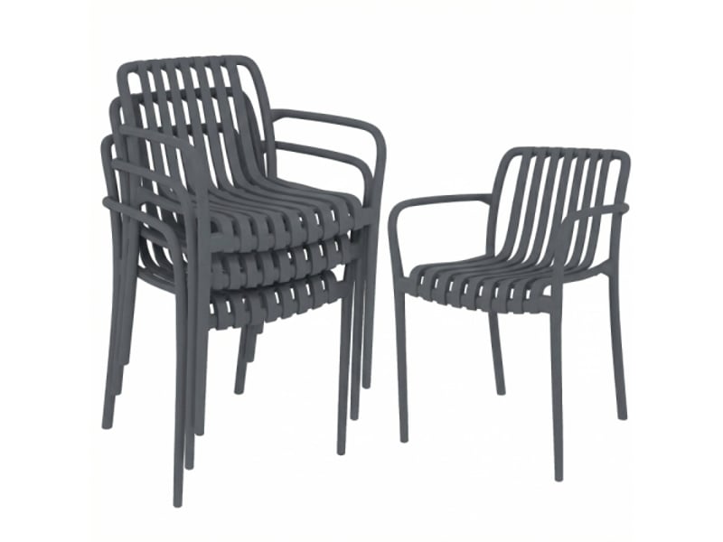  Lot de 4 chaises de jardin empilables gris foncé, design lattes, accoudoirs, ergonomiques, terrasse  - Conforama A