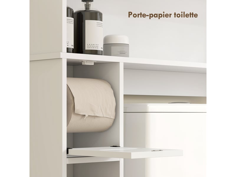  Meuble wc dessus de toilette meuble salle de bain avec porte-papier 80x19,5x170cm blanc et placard à porte double  - Conforama W