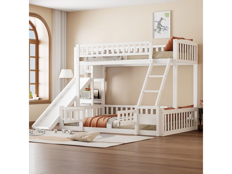 Lit superposé blanc en pin et mdf avec toboggan et étagères, couchages 90 x 200 et 140 x 200 cm, sans matelas - Conforama D