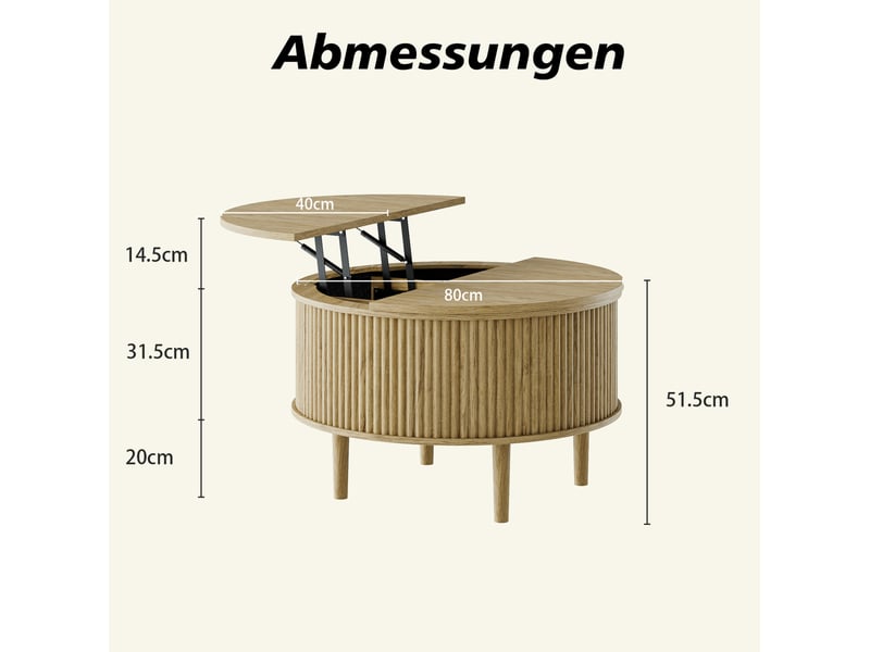  Table basse ronde 80 cm en panneau de particules bois clair, plateau relevable avec rangement dissimulé pour salon  - Conforama C