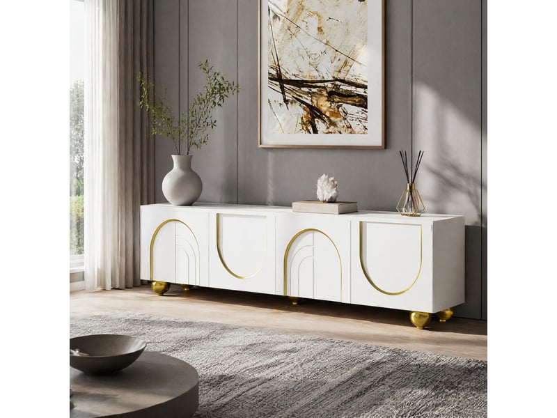  Meuble tv 4 portes avec étagères et ouverture push pour salon 170×38×44 cm en panneaux de particules blanc et or  - Conforama B