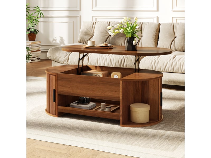 Table basse relevable avec rangement caché et portes coulissantes pour salon en mdf 110×55×55 cm noyer - Conforama C