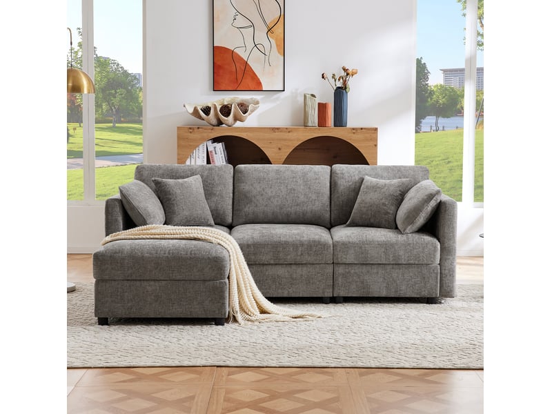  Canapé droit 218x156,5x86cm 3 places, 4 coussins inclus, pouf inclus, structure en bois et métal, tissu chenille, gris  - Conforama D