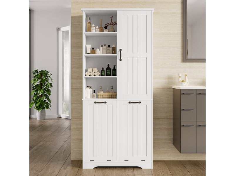  Armoire de salle de bain 78x35x172 cm, laquée anti-humidité, 2 paniers à linge, blanc  - Conforama C