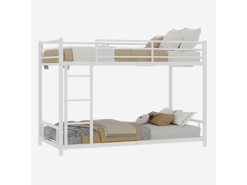  Lit superposé 90x190 cm - lit simple enfant avec échelle intégrée et barrière de sécurité - en fer - sans matelas - blanc  - Conforama A