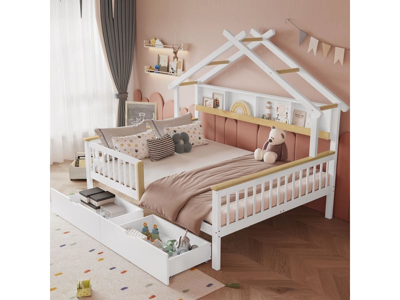  **lit enfant 140x200, barrière de sécurité lit cabane enfant, étagère 2m rangement, tiroirs roulants**  - Conforama A