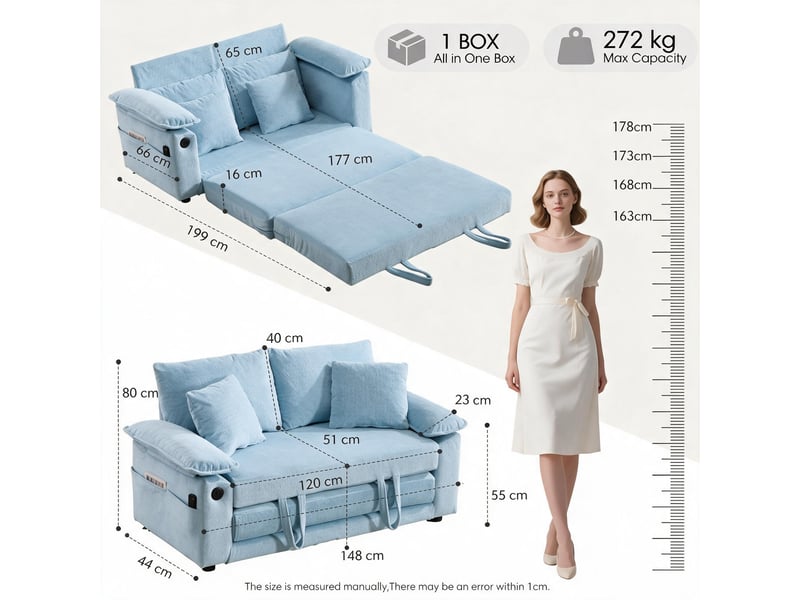  Fauteuil de salon avec coussins de tête et lombaires  - assise rembourrée, tissu chenille - bleu  - Conforama D
