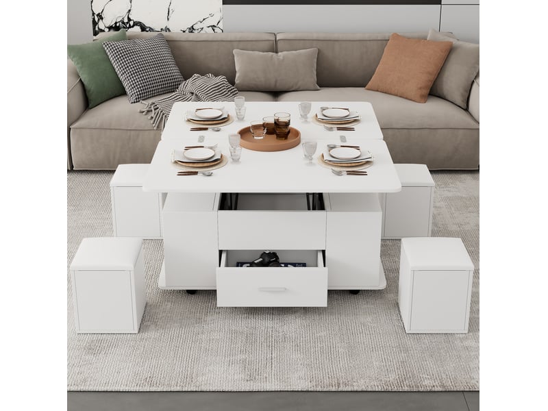  Table basse relevable 100x50x45 cm extensible avec 4 tabourets en panneau de particules blanc  - Conforama D