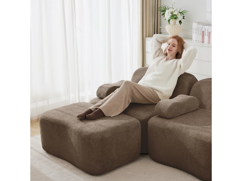 Canapé modulable 3 places en velours marron, canapé sans cadre en mousse haute densité, assise profonde pour salon - Conforama E
