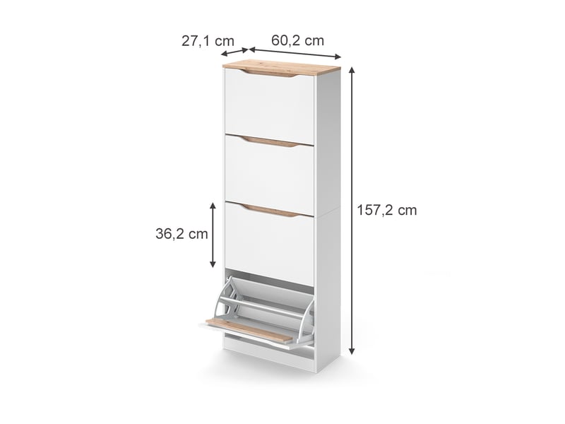  Vicco benne à chaussures, blancchêne artisan, 60.2x157.2cm avec 4 compartiments basculants  - Conforama B