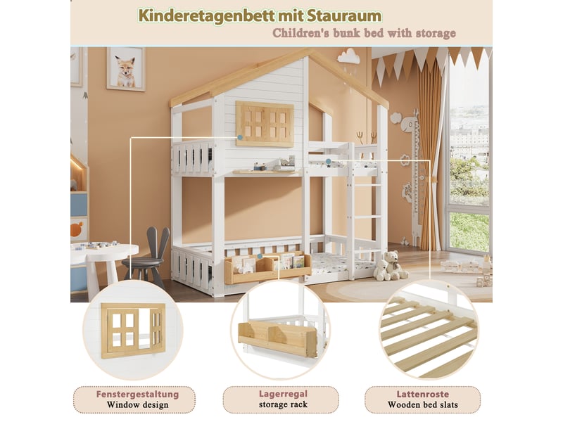 Lit superposé cabane enfant 90x200cm avec échelle, fenêtre décorative et étagère, couchage double en bois, blanc et naturel evarich - Conforama D