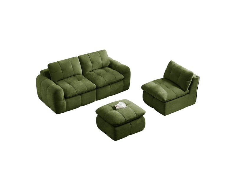 Canapé d'angle modulable 3 places avec ottoman, en chenille vert - Conforama A