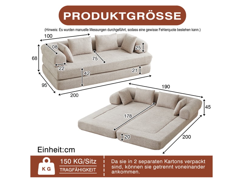 Canapé convertible 2 places 4 en 1 200x95x68 cm modulable, dossier réglable, sans montage, base antidérapante, 4 coussins, chenille gris - Conforama D