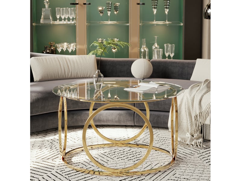Table basse ronde 80x80x45 cm en verre trempé et métal doré - Conforama E