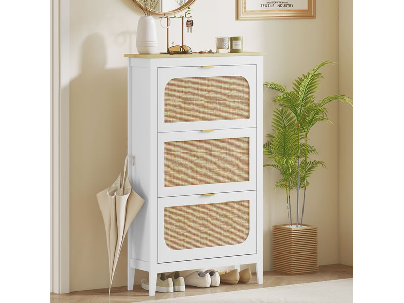  Meuble à chaussures 21 paires bohème avec 3 tiroirs rabattables, portes effet cannage rotin, 80 x 24 x 131 cm, blanc  - Conforama C