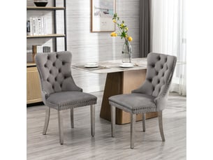 Lot de 2 chaises de salle à manger en velours gris, dossier haut capitonné, clous décoratifs, pieds finition chrome, structure en bois massif