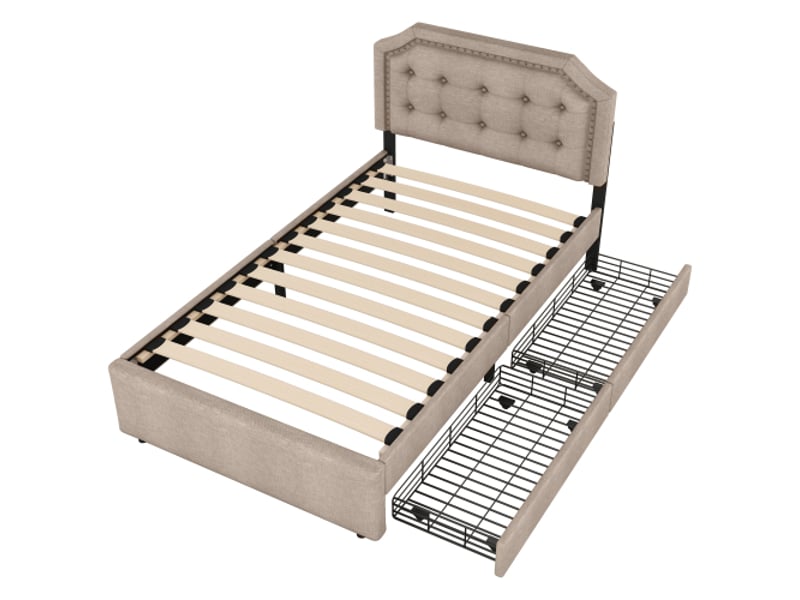  Lit enfant  90x200 cm lit simple avec tiroirs et rivets décoratif, tissu en lin, beige foncé, sans matelas  - Conforama E