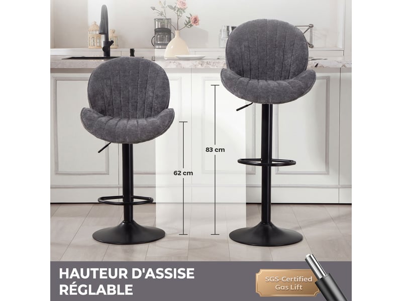  Lot de 2 tabourets de bar, hauteur réglable, pivotant 360°, siège rembourré, dossier et repose-pieds, gris  - Conforama E