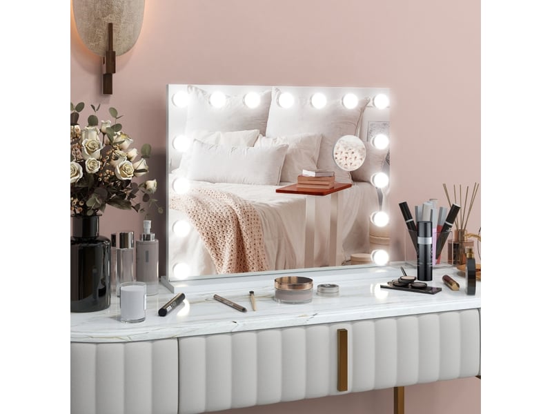 Miroir lumineux de salle de bain à 15 lampes led, 3 modes, variateur tactile, usb, métal blanc 58 × 14 × 48 cm - Conforama B
