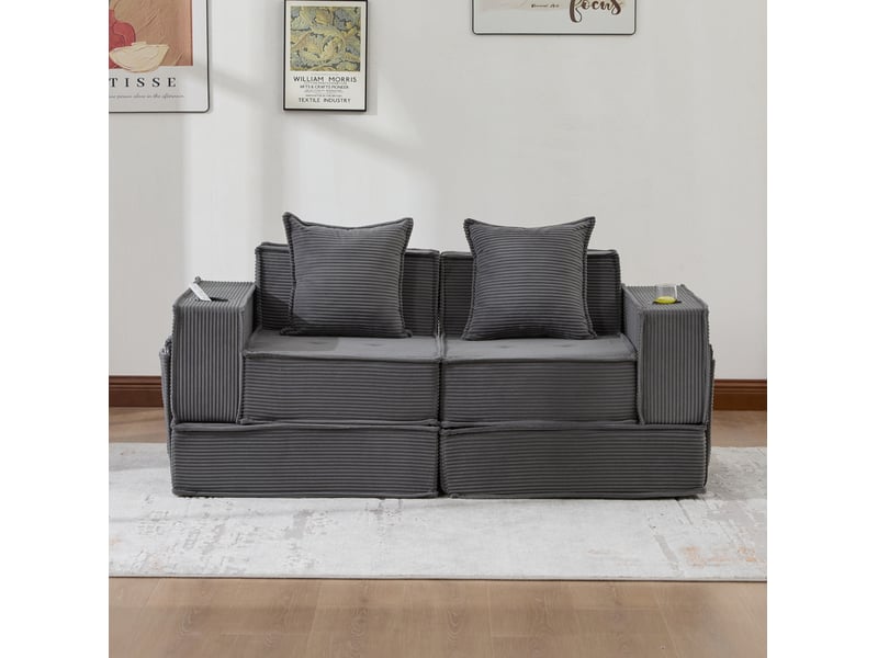  Canapé convertible ulevr 2 places en velours côtelé gris foncé 162 x 78 x 66 cm, avec poches latérales et porte-gobelets  - Conforama E