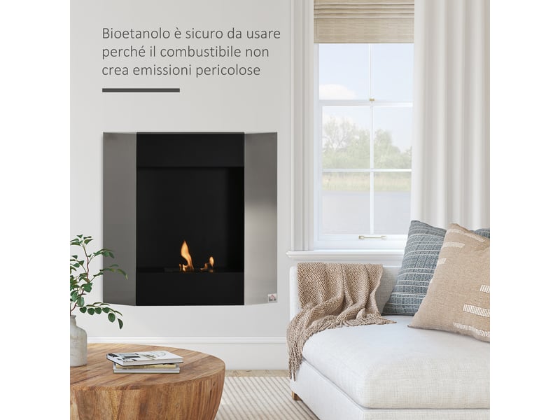 Cheminée murale au bioéthanol avec réservoir de 0,7 l et couverture de 20 m², acier, 72 x 11 x 72 cm, argent et noir  - Conforama D