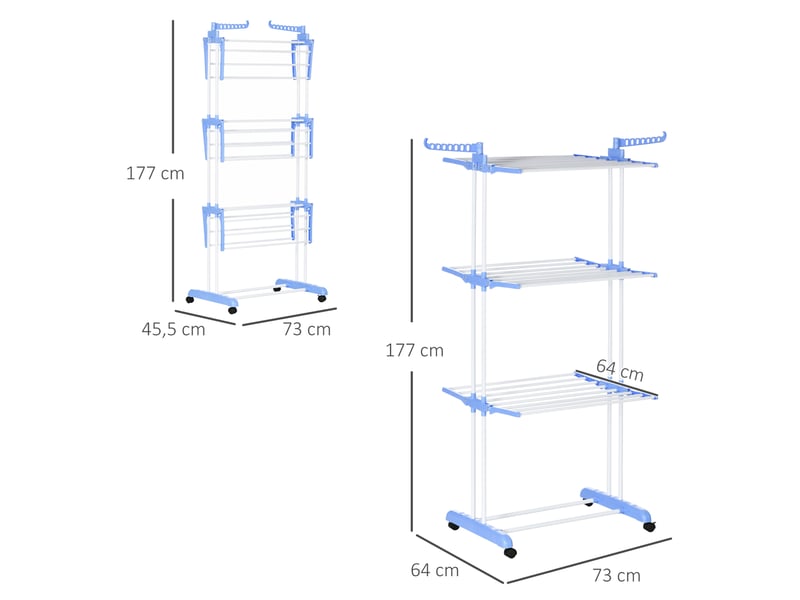 Etendoir à linge tour 73 x 64 x 177 cm – bleu – 4 niveaux extensibles avec roulettes pour intérieur et extérieur - Conforama C