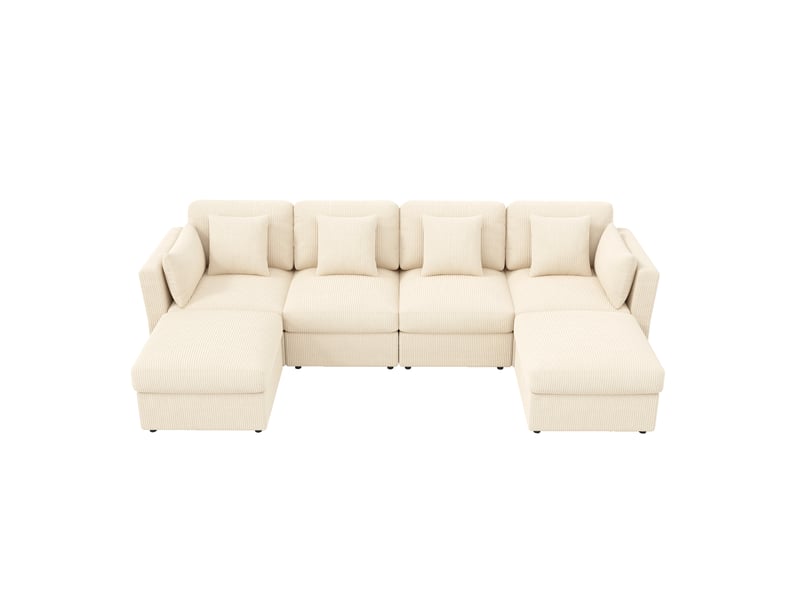  Canapé panoramique en u 4-6 places, accoudoirs réglables  - 2 poufs, velours côtelé beige 290 × 159,5 × 89 cm  - Conforama A