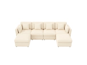 Canapé panoramique en u 4-6 places, accoudoirs réglables - 2 poufs, velours côtelé beige 290 × 159,5 × 89 cm