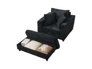 Chaise longue noire en tissu côtelé avec coffre, 3 coussins, style moderne pour salon et chambre
