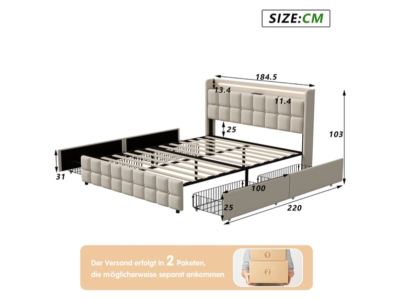  Lit double 180x200cm - lit rembourré 180x200cm avec 4 tiroirs - prises de courant ports usb éclairage led - sans matelas - beige  - Conforama E