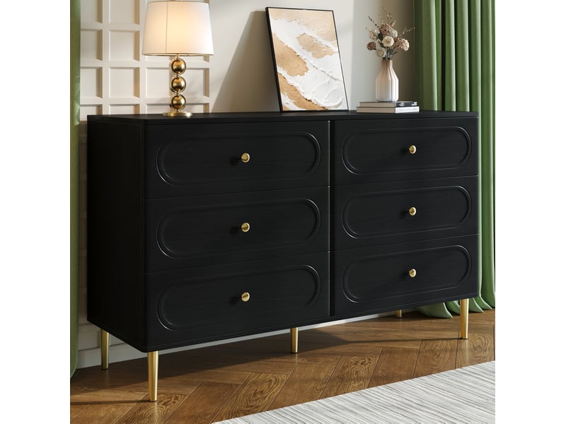  Commode 120x40x75 cm, 6 tiroirs avec façades ovales, buffet avec pieds en métal,en mdf, noir, armoire de rangement  - Conforama D
