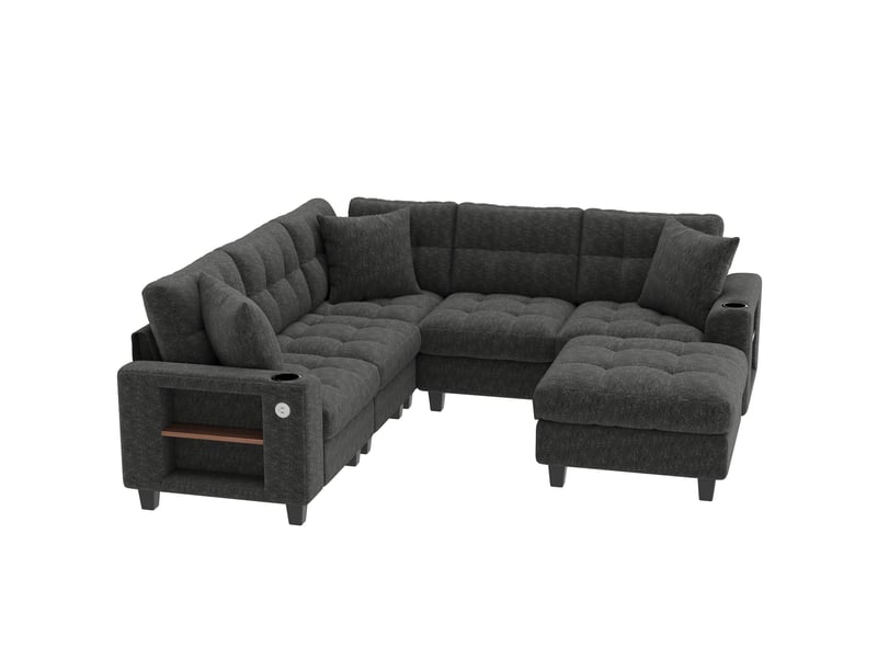  Canapé d'angle modulable 216 cm en chenille - 5-6 places - usb + usb-c - porte-gobelet - accoudoirs bibliothèque - gris CozyNest - Conforama A