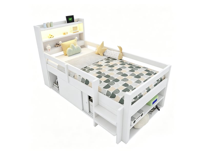  Lit mezzanine enfant simple 90×200 cm avec rangements, éclairage led et usb - okmyhome- en bois blanc, sans matelas  - Conforama A