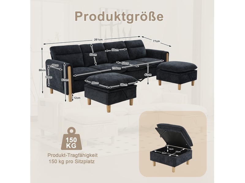  Canapé modulaire 4 places noir en tissu avec 2 poufs de rangement, pieds en bois et confort familial  - Conforama C